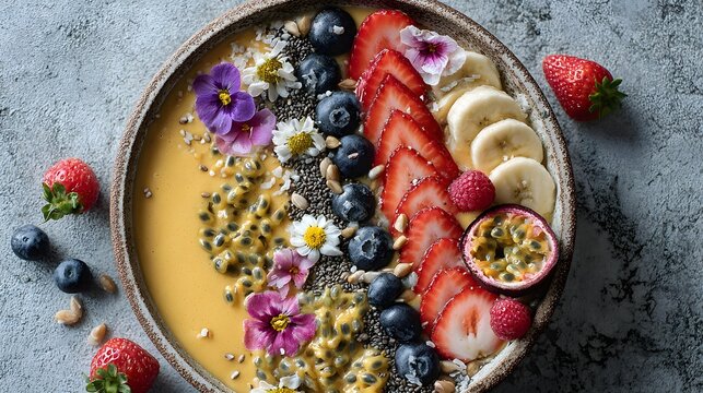 Colourful smoothie bowl with exotic fruits and seeds, overhead flat-lay, social media friendly,