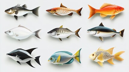 A collection of nine different fish species arranged on a white background in a grid pattern