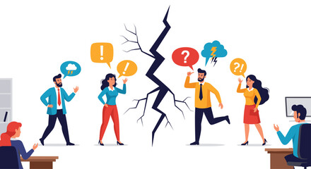 Workplace conflict illustration showing frustration and division among colleagues after disagreement, ideal for HR and team building resources