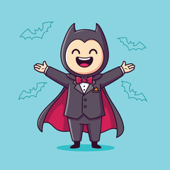 Cute cartoon vampire character in suit with bats on blue background