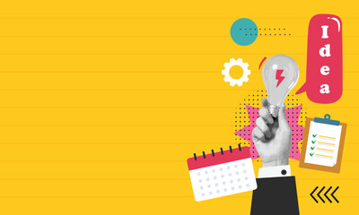 Collage with halftone hands and light bulb. Business concept