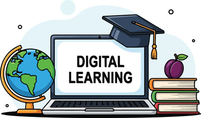 Digital Learning Concept with Laptop, Books, and Globe