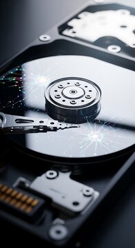 Close-up of a hard drive platter and readwrite head.