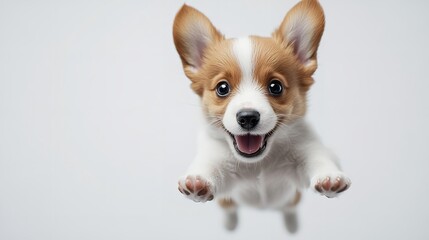 A corgi puppy with brown and white fur is jumping in the air with a bright white background behind it