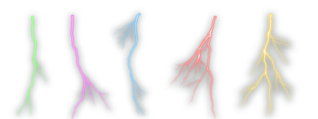 Colorful lightning bolt overlays in a soft glowing style on a transparent look. Neon electric energy branches in multiple hues for fantasy, sci-fi, or magical effects. Perfect design element for photo