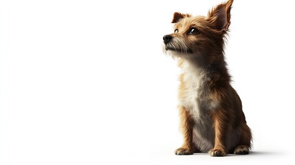 A small brown dog sitting on a white background looking up with attentive expression and perked ears