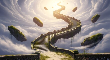 A grand, winding stone staircase ascends through a radiant, cloudy sky, surrounded by mystical floating islands with lush greenery, leading towards a bright light.