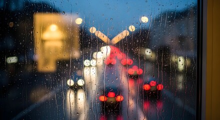 Raindrops on a window obscure the view of city lights and passing vehicles at dusk.