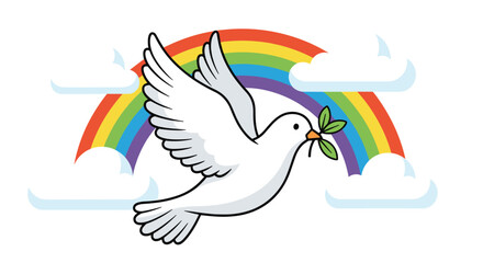 Soaring white dove with olive branch offers hope and peace beneath a vibrant rainbow after the storm, spreading a message of unity and new beginnings