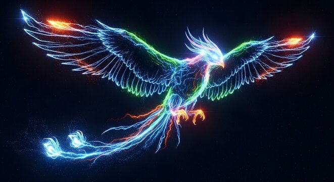 A vibrant, neon phoenix with outstretched wings against a dark background, glowing with blue, green, orange, and red light.