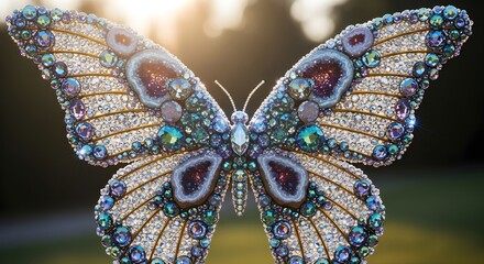 A stunningly detailed, jeweled butterfly sculpture with intricate patterns and sparkling gemstones, bathed in soft sunlight.