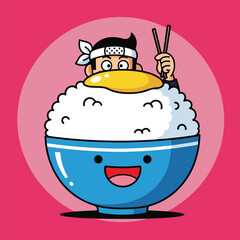 Cartoon character with rice bowl and chopsticks on pink background