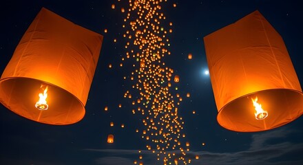 Two illuminated paper lanterns float in the night sky, surrounded by many others.