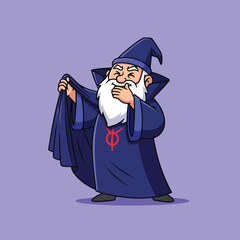 Cartoon wizard in blue robe on purple background