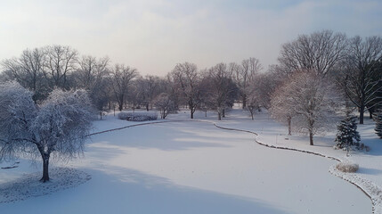 Aerial view of a snowy landscape, lake, and trees under a bright, overcast sky