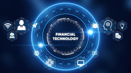 Financial technology concept with glowing icons and circular interface on dark blue background fintech - Powered by Adobe