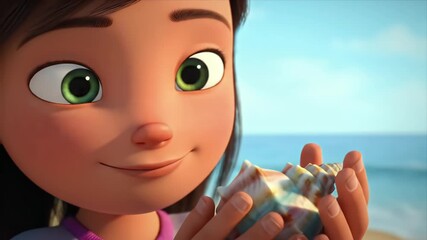 Animated young girl discovering a colorful seashell on a sunny beach expressing wonder and joy Perfect for summer ocean adventures and childrens content - Powered by Adobe