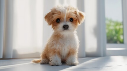 A small fluffy puppy sitting on a white surface near a window with natural light coming through it