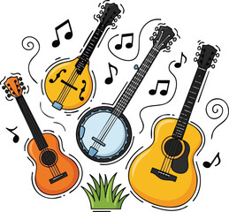 Collection Of Stringed Musical Instruments And Music Notes On White Background