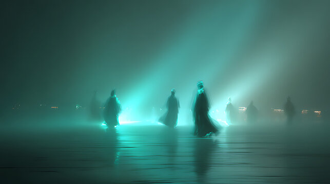 Mysterious Figures in Teal Fog with Cinematic Light Beams and Atmospheric Fantasy Scene