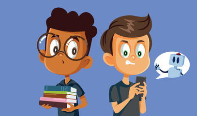 Student Cheating with AI While His Colleague Studies Vector Illustration. Two kids learning in different ways one ethical one unethical 