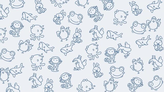 Cute animal pattern animation with blue doodles suitable for kids' design, education theme, website backgrounds, and stationery.