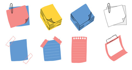 Hand-drawn vector set of sticky notes and memos in various shapes, colors, and styles. Collection includes note pads, paper sheets, reminders, sticky tapes, and clips. Perfect for planners, office