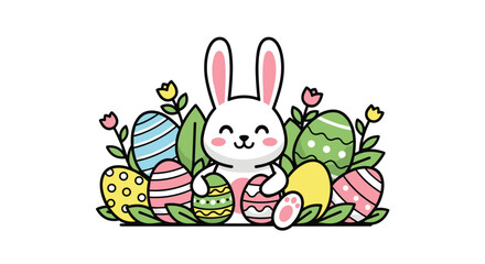 Adorable Easter bunny with colorful decorated eggs and spring flowers bringing joy to springtime celebrations and holiday designs