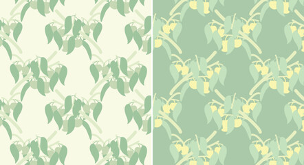Fototapeta premium Scandi minimal abstract mango-branch tossed seamless pattern in pastel palette variations — for fashion apparel, stationery, home textile, and decorative interior surfaces — non-food-contact