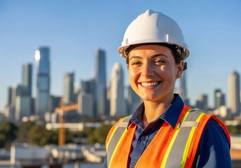 Confident female construction worker wearing hard hat and safety vest with city skyline background