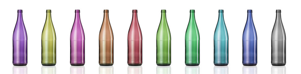 A shot of an empty glass bottle with a reflection below on a white background