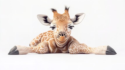 Close up of a baby giraffe lying down on a white surface looking at the camera with big eyes