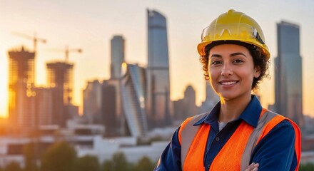 Confident female construction worker wearing hard hat and safety vest with city skyline background