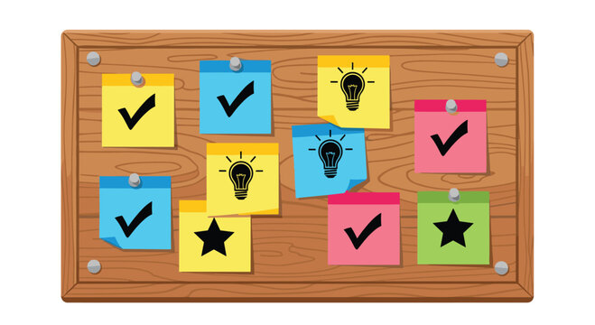 Brainstorming ideas on a wooden board with colorful sticky notes showing checklist, lightbulb, and star for planning and organizing projects - Powered by Adobe