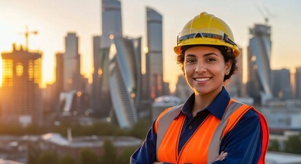 Confident female construction worker wearing hard hat and safety vest with city skyline background