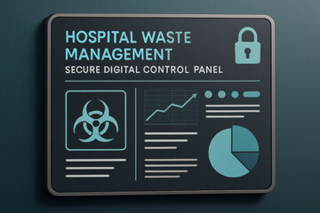 Hospital waste management secure digital control panel medical waste secur system with data chart and biohazard symbol on wall display
