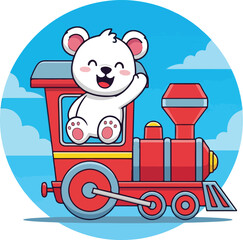 Cute cartoon bear riding a red train in a cheerful landscape