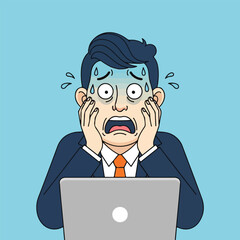 Stressed cartoon businessman sweating while working on laptop