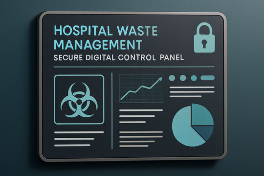 Hospital waste management secure digital control panel medical waste secur system with data chart and biohazard symbol on wall display
