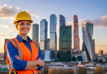 Confident female construction worker wearing hard hat and safety vest with city skyline background