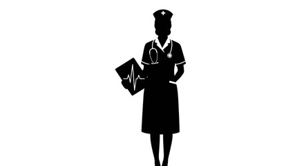 Professional nurse silhouette holding patient chart with vital signs, symbolizing care and medical expertise in healthcare.