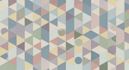 A colorful geometric pattern with pastel colors and triangles, set against a white background.