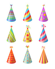 Collection of nine colorful festive birthday party hats on a white background