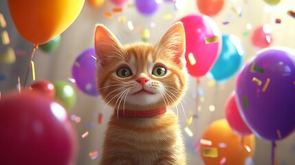 Ginger kitten with balloons and confetti celebrating a birthday party looking at the viewer