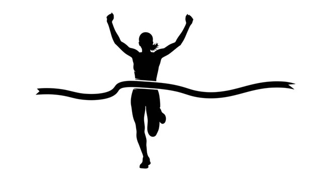 Triumphant runner breaks finish line tape with arms raised in celebration of victory and achievement