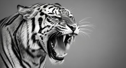 Majestic and Fierce Roaring Tiger in Grayscale, a Close-up Wildlife Portrait Capturing Raw Power and Aggression Against a Neutral Background