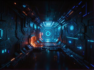 A futuristic, cyberpunk corridor with glowing blue and orange neon lights illuminating intricate circuitry walls, leading toward a hexagonal portal in the distance evoking advanced technology or a sc