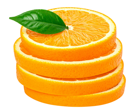 A stack of fresh orange slices arranged in a vertical composition with one green leaf 