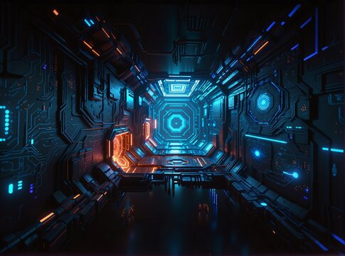 A futuristic, cyberpunk corridor with glowing blue and orange neon lights illuminating intricate circuitry walls, leading toward a hexagonal portal in the distance  evoking advanced technology or a sc