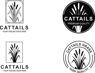 Cattail logo collection, nature branding vector, botanical emblem design, minimalist plant illustration, organic product identity, black and white logo set